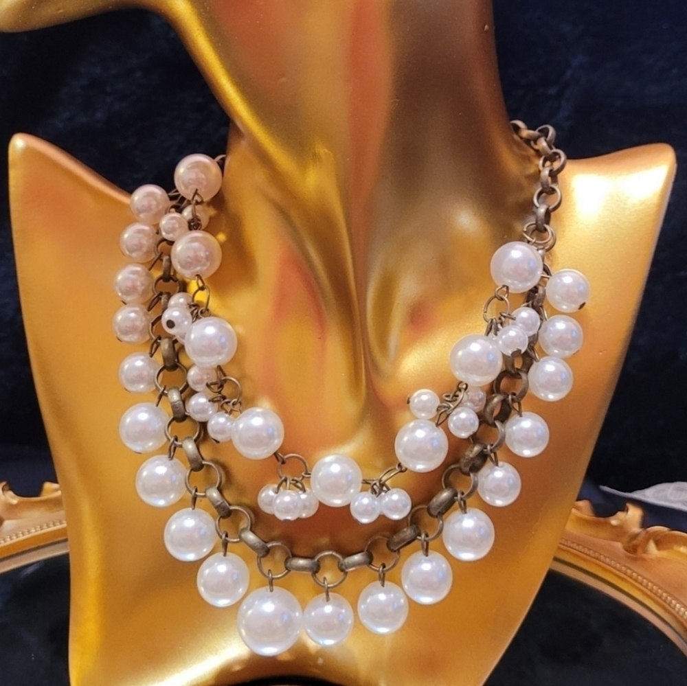 Layered Pearl Cluster Antiqued Gold Link Statement Necklace